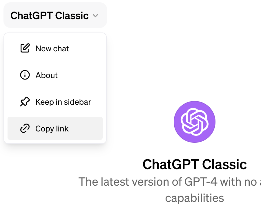 Screenshot of the Copy Link button in the OpenAI Chat interface